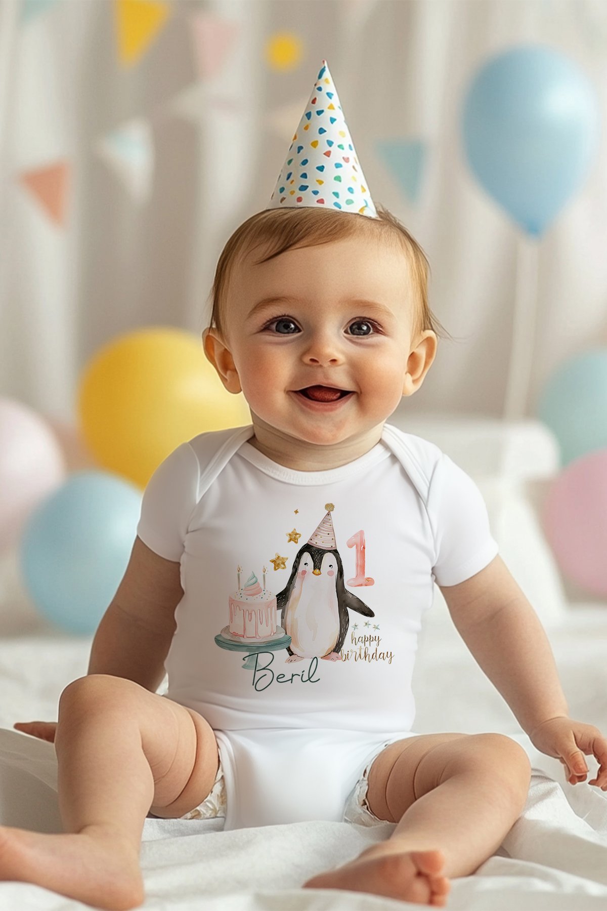 İsme Özel Doğum Günü Bebek Body 1 Yaş Penguen