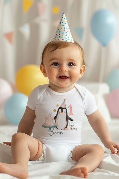 İsme Özel Doğum Günü Bebek Body 1 Yaş Penguen