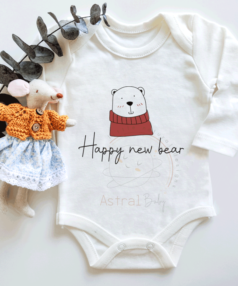 Happy New Bear Desenli Kısa / Uzun Kol Çıtçıtlı Bebek Body