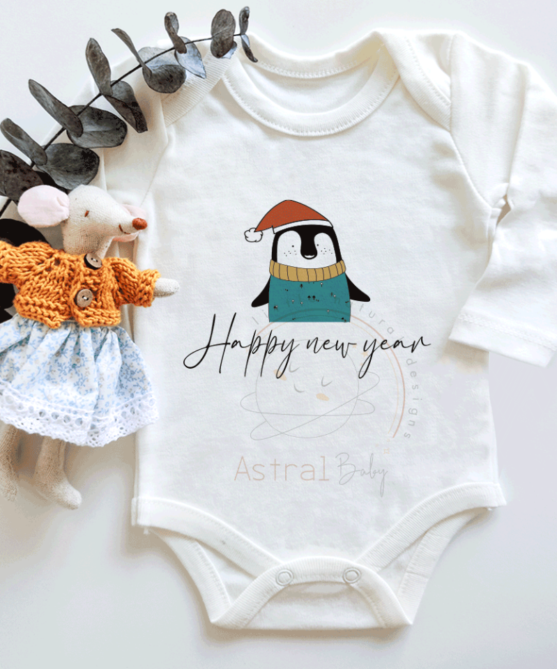 Happy New Year Penguen Desenli Kısa / Uzun Kol Çıtçıtlı Bebek Body