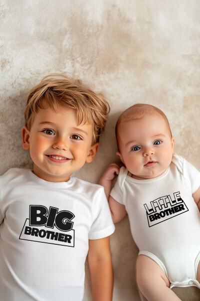 %100 Pamuk Big Brother / Little Brother Siyah Beyaz 2'li Kardeş Kombini