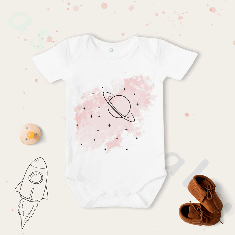 Pembe Gezegen Desenli Kısa / Uzun Kol Çıtçıtlı Bebek Body